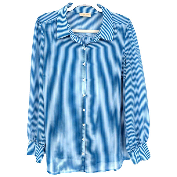 Modcloth Sheer Chiffon Blue Striped Classic Preppy Twee Academia Blouse 1X - Picture 1 of 7